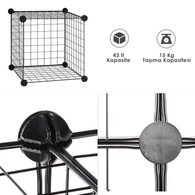 12 Bölmeli Tel Küp Çok Amaçlı Organizer Raf Siyah 33cm Mutfak, Oyuncak, Kiler, Depolama Rafı - 4
