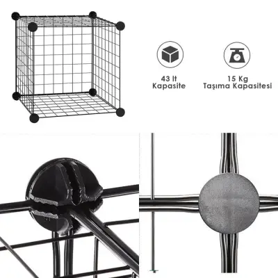 12'li Plastik Raflı Tel Küp Çok Amaçlı Organizer Raf Siyah 33cm - 6