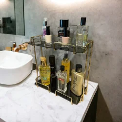 2 Katlı 28x14 Gold Banyo ve Kozmetik Düzenleyici - Çift Katlı Sunum ve Servis Tepsisi - 1