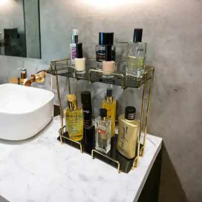 2 Katlı 28x14 Gold Banyo ve Kozmetik Düzenleyici - Çift Katlı Sunum ve Servis Tepsisi - 1