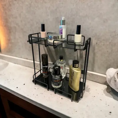 2 Katlı 28x14 Siyah Banyo ve Kozmetik Düzenleyici - Çift Katlı Sunum ve Servis Tepsisi - 1