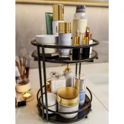 2 Katlı Banyo, Kozmetik Düzenleyici, Takı Standı, Organizer ve Çok Amaçlı Servis Sunum Tepsisi, İkramlık 23CM SİYAH - 1