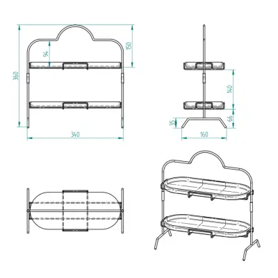 2 Katlı Beyaz Gümüş Zemin Mermer Desenli Melamin 13x32cm Metal Sunum Standı – İkram ve Servis İçin Model 1 Siyah - 2