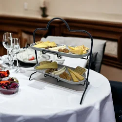 2 Katlı Beyaz Gümüş Zemin Mermer Desenli Melamin 13x32cm Metal Sunum Standı – İkram ve Servis İçin Model 1 Siyah - 3