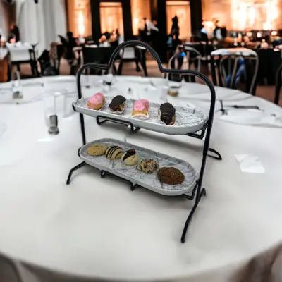 2 Katlı Beyaz Gümüş Zemin Mermer Desenli Melamin 13x32cm Metal Sunum Standı – İkram ve Servis İçin Model 1 Siyah - 4