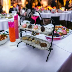 2 Katlı Beyaz Gümüş Zemin Mermer Desenli Melamin 13x32cm Metal Sunum Standı – İkram ve Servis İçin Model 1 Siyah - 5