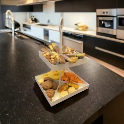 2 Katlı Dekoratif Beyaz Metal Çerezlik / Peynir Sunum Servis Tabağı - Lokumluk / Makaron, Pankek ve Tatlı Sunumu İçin - 2