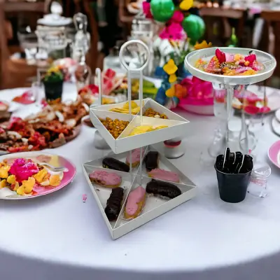 2 Katlı Dekoratif Beyaz Metal Çerezlik / Peynir Sunum Servis Tabağı - Lokumluk / Makaron, Pankek ve Tatlı Sunumu İçin - 3