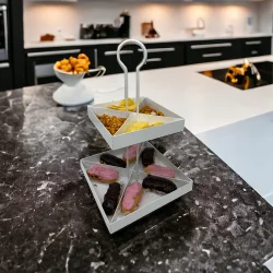 2 Katlı Dekoratif Beyaz Metal Çerezlik / Peynir Sunum Servis Tabağı - Lokumluk / Makaron, Pankek ve Tatlı Sunumu İçin - 4