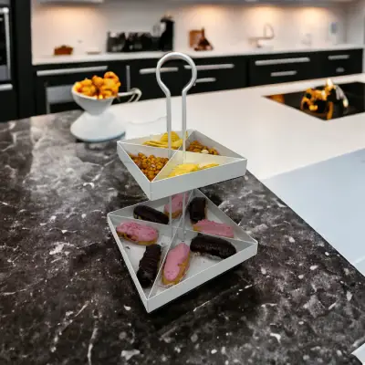 2 Katlı Dekoratif Beyaz Metal Çerezlik / Peynir Sunum Servis Tabağı - Lokumluk / Makaron, Pankek ve Tatlı Sunumu İçin - 4
