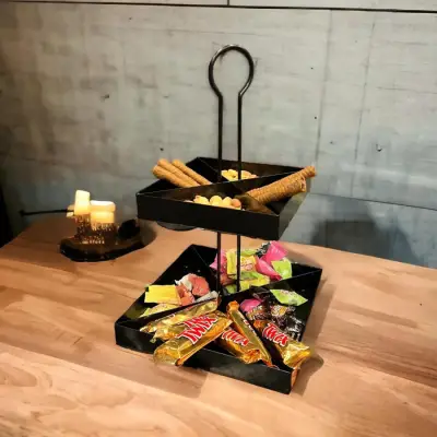 2 Katlı Dekoratif Siyah Metal Çerezlik / Peynir Sunum Servis Tabağı - Lokumluk / Makaron, Pankek ve Tatlı Sunumu İçin - 1