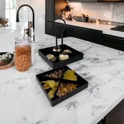 2 Katlı Dekoratif Siyah Metal Çerezlik / Peynir Sunum Servis Tabağı - Lokumluk / Makaron, Pankek ve Tatlı Sunumu İçin - 2