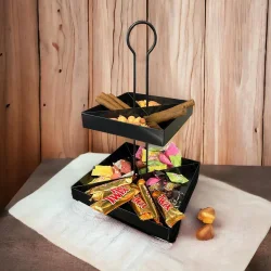 2 Katlı Dekoratif Siyah Metal Çerezlik / Peynir Sunum Servis Tabağı - Lokumluk / Makaron, Pankek ve Tatlı Sunumu İçin - 3