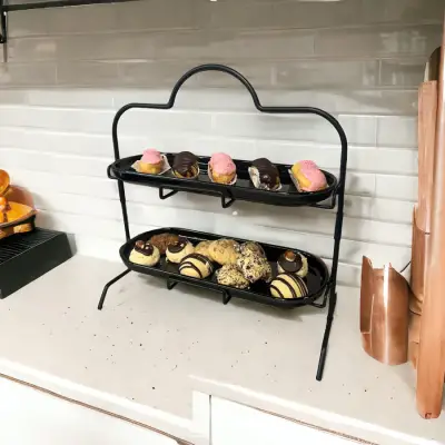 2 Katlı Siyah Melamin 13x32cm Metal Sunum Standı – İkram ve Servis İçin Model 1 Siyah - 6