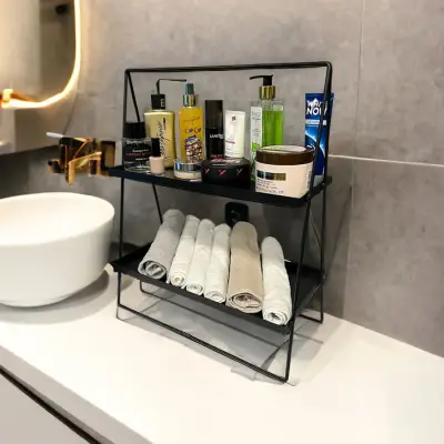 2 Katlı Üçgen Siyah Metal Banyo, Mutfak, Makyaj Organizatörü - Model 2 - 3
