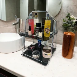 2 Katlı Üçgen Siyah Metal Banyo, Mutfak, Makyaj Organizatörü - Model 3 - 4