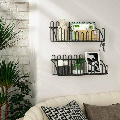 2'li Tel Raf Düzenleyici Çiçeklik Siyah Duvar Raf Seti - 1