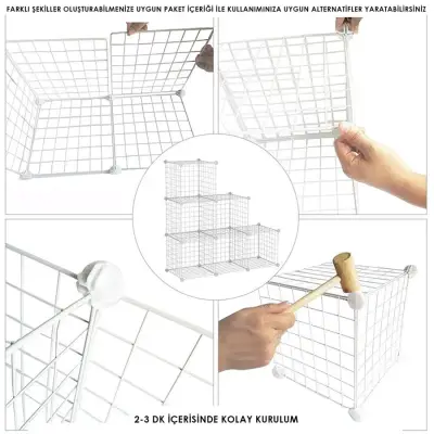 3 Bölmeli Tel Küp Çok Amaçlı Organizer Raf Beyaz 33cm Mutfak, Oyuncak, Kiler, Depolama Rafı - 3