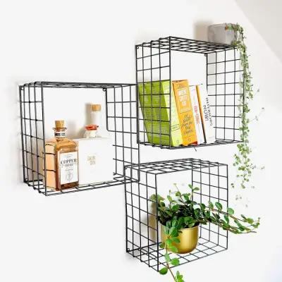 3'lü Set Siyah Tel Hasır Duvar Rafı 35/31/27 - 2