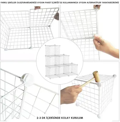 8 Bölmeli Tel Küp Çok Amaçlı Organizer Raf Beyaz 33cm Mutfak, Oyuncak, Kiler, Depolama Rafı - 3