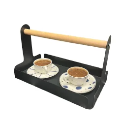 Ahşap Saplı 30x17cm Siyah Metal Servis, Sunum, Dekoratif Tepsi - 1