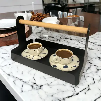 Ahşap Saplı 30x17cm Siyah Metal Servis, Sunum, Dekoratif Tepsi - 3