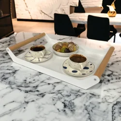 AHŞAP SAPLI 40X25 DEKORATİF METAL TEPSİ BEYAZ, SUNUM, DEKORATİF TEPSİ - 1