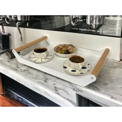 AHŞAP SAPLI 40X25 DEKORATİF METAL TEPSİ BEYAZ, SUNUM, DEKORATİF TEPSİ - 3