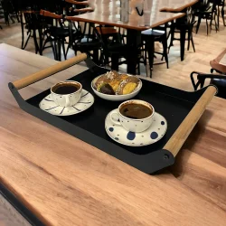 AHŞAP SAPLI 40X25 DEKORATİF METAL TEPSİ SİYAH, SUNUM, DEKORATİF TEPSİ - 2