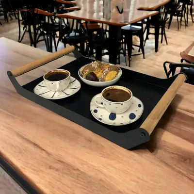 AHŞAP SAPLI 40X25 DEKORATİF METAL TEPSİ SİYAH, SUNUM, DEKORATİF TEPSİ - 2