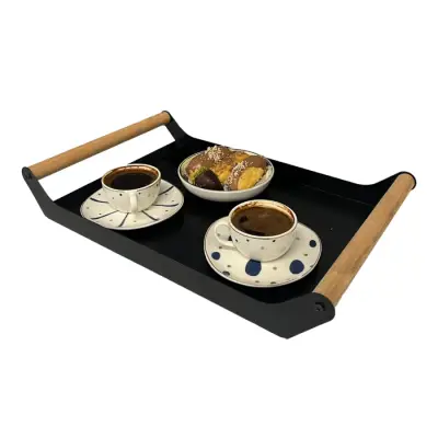 AHŞAP SAPLI 40X25 DEKORATİF METAL TEPSİ SİYAH, SUNUM, DEKORATİF TEPSİ - 3