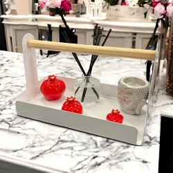 Ahşap Saplı Beyaz 30x17cm Metal Servis, Sunum, Dekoratif Tepsi - 1