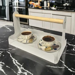 Ahşap Saplı Beyaz 30x17cm Metal Servis, Sunum, Dekoratif Tepsi - 3