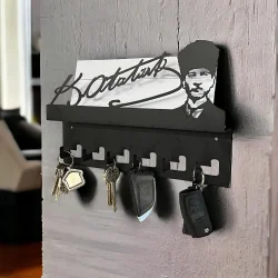 Atatürk Tasarımlı Duvar Askılı Anahtarlık ve Mektup Rafı Model-1 - Siyah - 1
