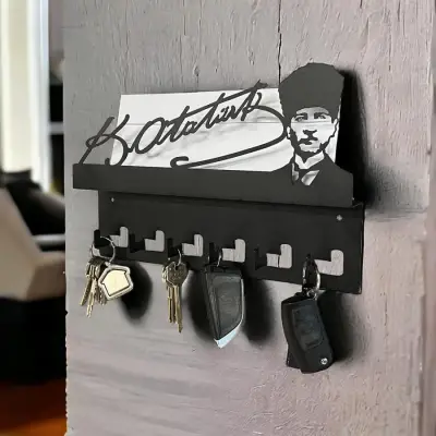 Atatürk Tasarımlı Duvar Askılı Anahtarlık ve Mektup Rafı Model-1 - Siyah - 1