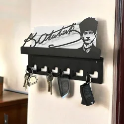 Atatürk Tasarımlı Duvar Askılı Anahtarlık ve Mektup Rafı Model-1 - Siyah - 2