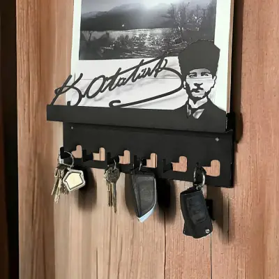 Atatürk Tasarımlı Duvar Askılı Anahtarlık ve Mektup Rafı Model-1 - Siyah - 3