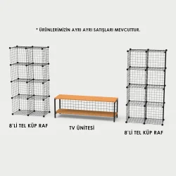 Bambu Ahşap ve Metal Detaylı TV Ünitesi & Sekizli Tel Küp Raf Sistemi - Modern Tasarım Model-1 - 1