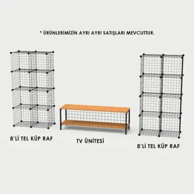 Bambu Ahşap ve Metal Detaylı TV Ünitesi & Sekizli Tel Küp Raf Sistemi - Modern Tasarım Model-1 - 1