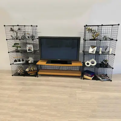 Bambu Ahşap ve Metal Detaylı TV Ünitesi & Sekizli Tel Küp Raf Sistemi - Modern Tasarım Model-1 - 5