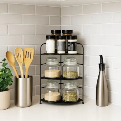 Banyo Mutfak Düzenleyici Organizer Köşe Rafı - Ayarlanabilir 3 Raflı Baharatlık - 1