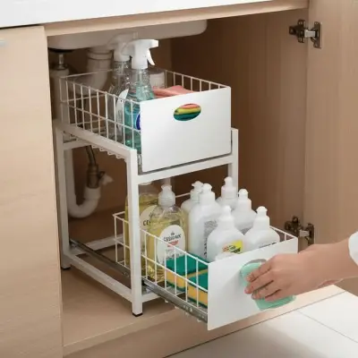 Beyaz 2 Çekmeceli Organizer Sepet – 25x42 cm, Raylı Sistem, Çok Amaçlı Kullanım - 4