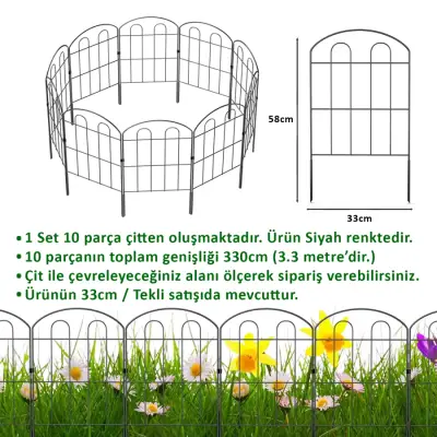 DEKORATİF BAHÇE ÇİTİ 10'LU SET 330CM MODEL - 1 SİYAH HOBİ BAHÇESİ, ÇİÇEK, SEBZE, MİNİ BAHÇE - 9