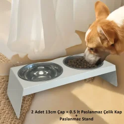 Evcil Hayvan Mama ve Su Kabı Standı, İkili Small Model Beyaz, Paslanmaz Çelik, Yükseltilmiş, Kedi ve Köpekler İçin - 1