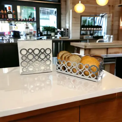 Gümüş Renk 2'li Set Ekmek Sepeti ve Peçetelik - 1