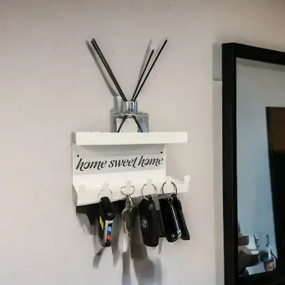 HOME SWEET HOME Duvara Monte Raflı ve 6 Kancalı Anahtarlık Askılık - Beyaz - 2