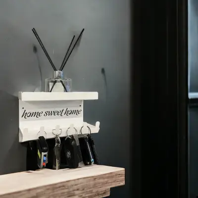 HOME SWEET HOME Duvara Monte Raflı ve 6 Kancalı Anahtarlık Askılık - Beyaz - 3