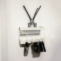HOME SWEET HOME Duvara Monte Raflı ve 6 Kancalı Anahtarlık Askılık - Beyaz - 4
