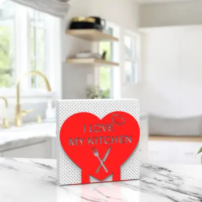 ''I LOVE MY KITCHEN'' Temalı Metal Peçetelik Kırmızı Kalp Şeklinde - 1