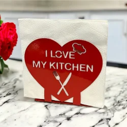''I LOVE MY KITCHEN'' Temalı Metal Peçetelik Kırmızı Kalp Şeklinde - 2
